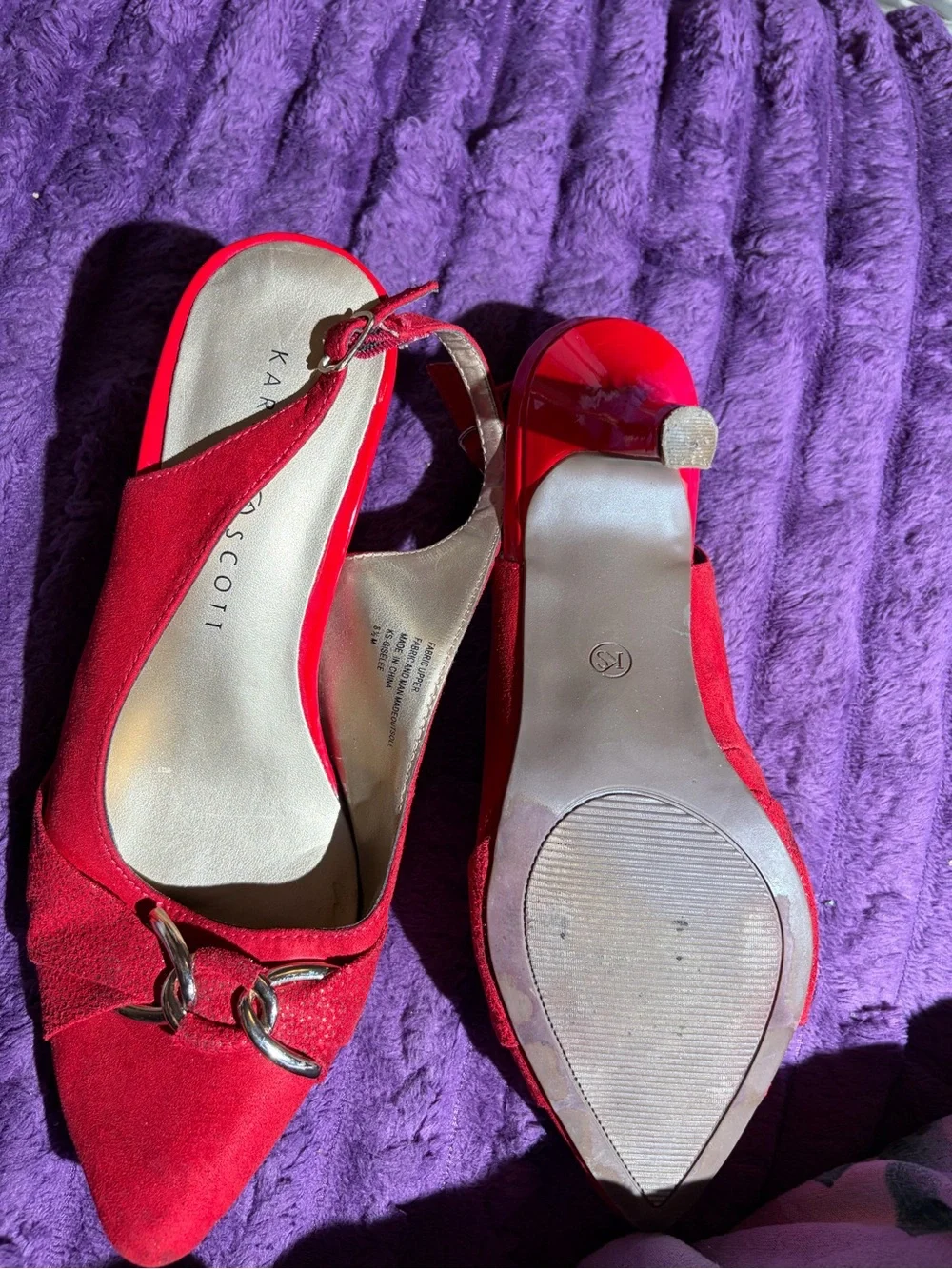 Scott Red Suede Pointed Toe Slingback Heels with Silver Buckle